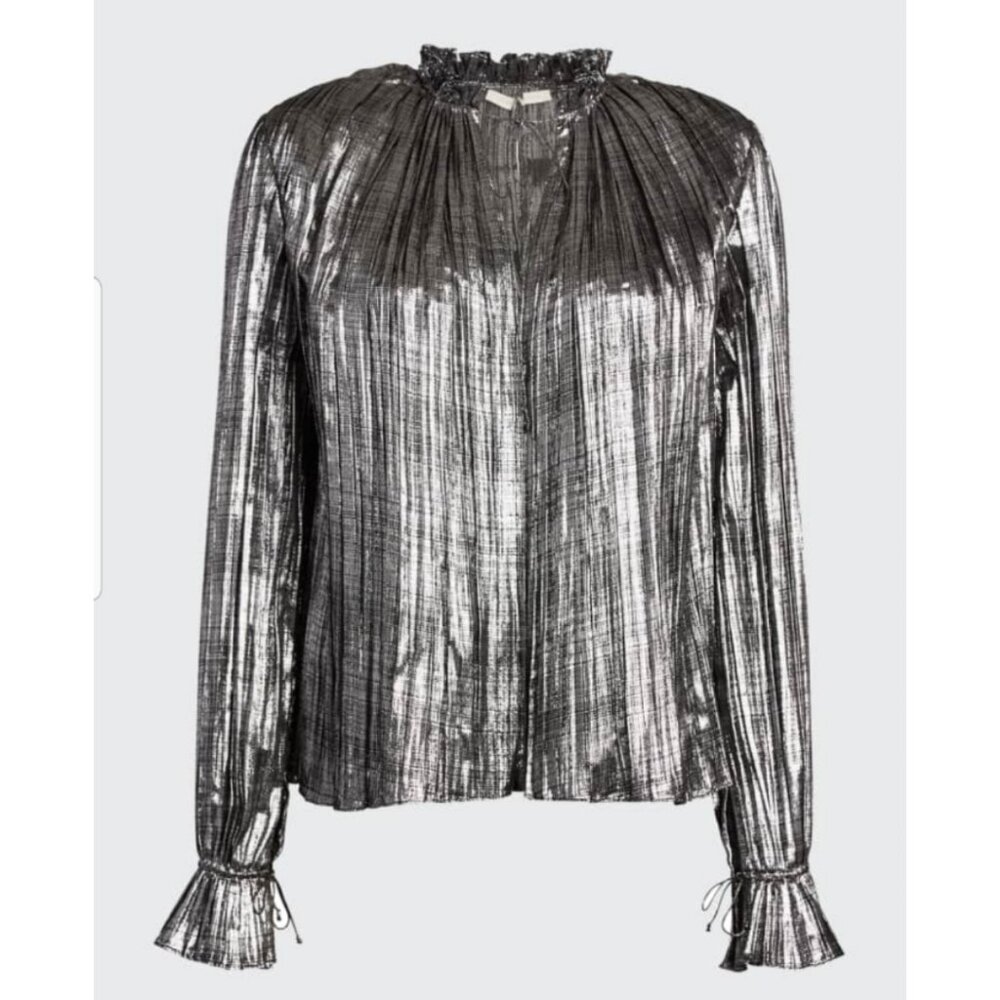 Jonathan Simkhai Blouse Metallic Silver Plisse Ruffle Flowy V Neck Holiday NYE